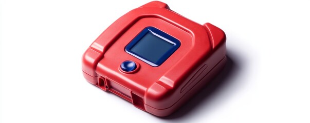 Defibrillator device in red color, compact and portable design