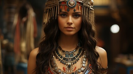 Obraz premium Portrait of a young woman adorned in classic Egyptian fashion, reflecting timeless beauty.