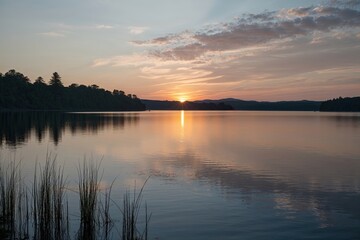 Naklejka premium Peaceful Sunrise Over Serene Lake with Reflective Water and Calm Morning Scenery