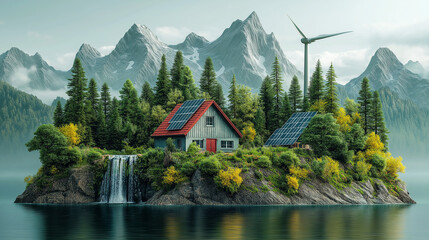 Fototapeta premium A serene, self-sustaining island home powered by solar panels and a wind turbine, surrounded by lush forests, a waterfall, and majestic mountains under a calm sky.