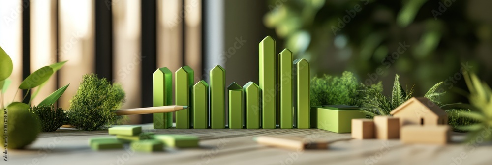 Poster A vibrant display of green building models and natural elements, symbolizing eco-friendly design.