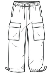 boys drawstring elastic waist parachute cargo pant flat sketch vector illustration technical cad drawing template