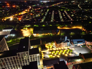 High Angle View of Illuminated Historical Central Leicester City of England UK at Night. Aerial Footage Was Captured with Drone's Camera During Midnight of April 26th, 2024 from Medium High Altitude.
