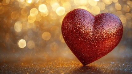 Fototapeta premium Sparkling Red Heart Against Golden Bokeh Background