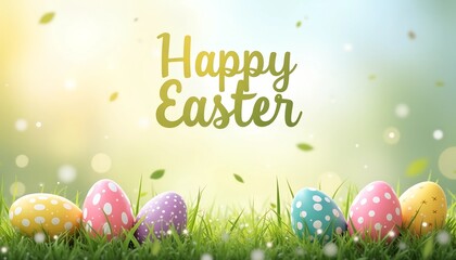 Colorful Easter eggs with a joyful "Happy Easter" message on a sunny grassy background