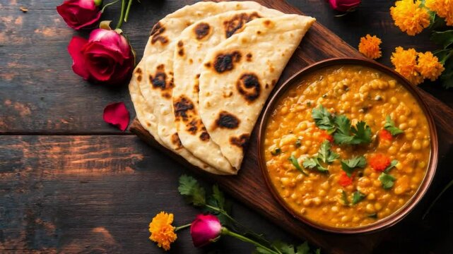 Delicious bowl of lentil curry served with naan bread and blooming roses on a wooden table