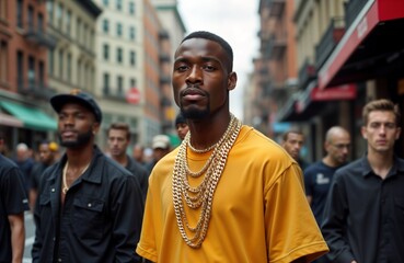 Fototapeta premium Stylish young Black man wears gold chains. He stands city street. Urban fashion model. Hip hop jewelry. Man poses outdoors. Casual summer clothing. Yellow shirt. Street style portrait.