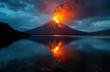 Fototapeta premium Volcano erupts at night. Lava flows down mountain. Reflection in lake water. Dramatic fiery landscape. Nature disaster. Cataclysm concept. Banner wallpaper. Travel Iceland.