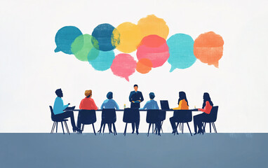 Abstract Illustration of Team Collaboration Around a Table with Colorful Speech Bubbles Representing Communication and Ideas