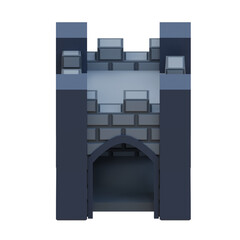 Gray brick medieval building isometric front style fortress. 3d rendering.