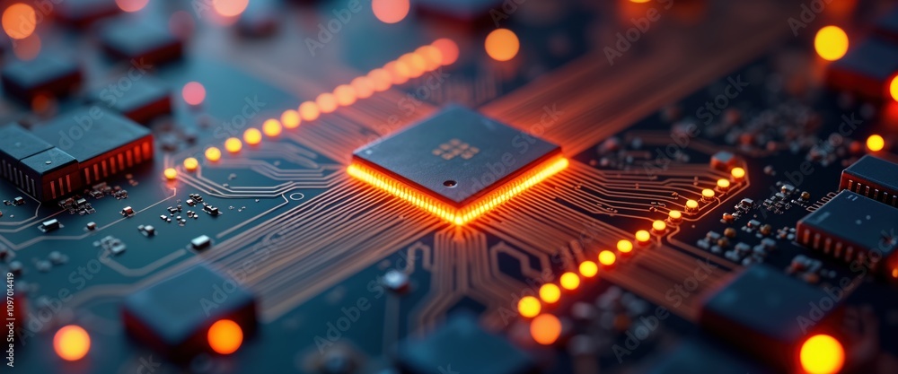 Aufkleber Closeup computer chip glows orange. Circuit board detail. Electronic device. Modern tech. Integrated system. Powerful processor. Silicon microchip. Data storage. Server panel. Digital engineering.