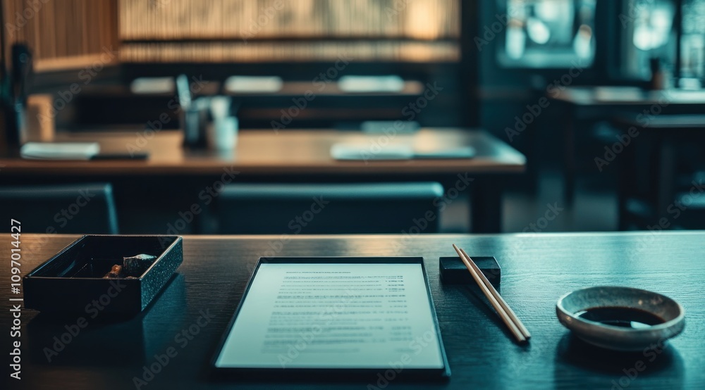 Leinwandbilder a serene dining setting with a menu and chopsticks on a wooden table.