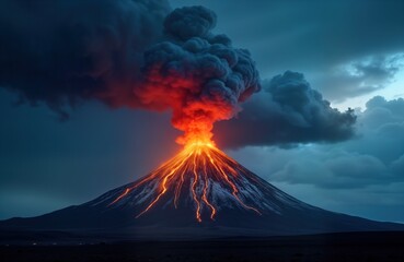 Fototapeta premium Volcano erupts at night. Lava flows down mountain. Dark sky. Dramatic nature scene. Iceland landscape. Perfect for banner wallpaper. Magma explosion. Geothermal activity. Natural disaster. Travel