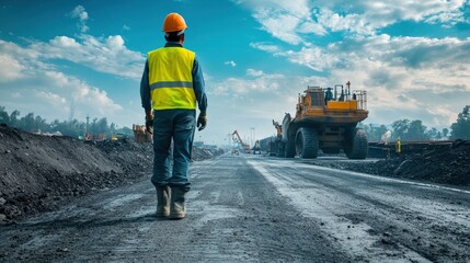 Construction Worker Standing on a Newly Paved Road with a Large Excavator in the Background