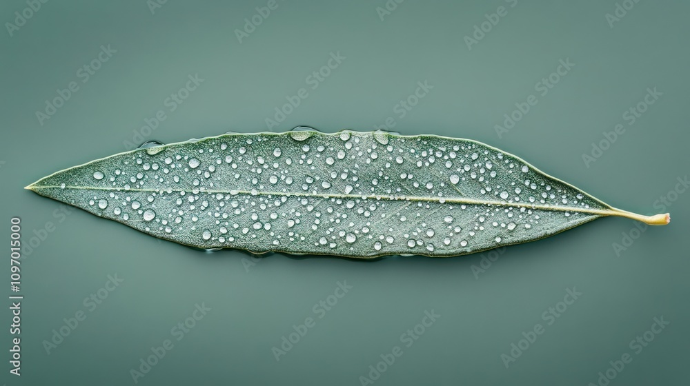 Poster a close-up of a green leaf with water droplets on a smooth background.