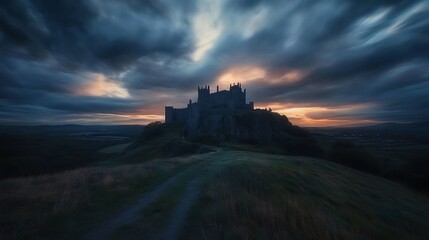 Obraz premium Majestic Castle Silhouette at Sunset on a Hilltop