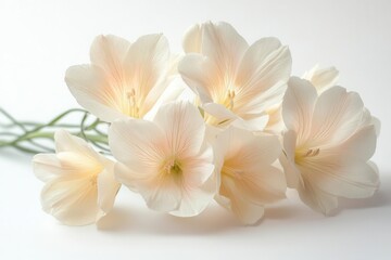 Naklejka premium delicate freesia blooms against a pristine white background, showcasing their intricate petals and soft colors, creating a fresh and airy floral composition that delights the senses