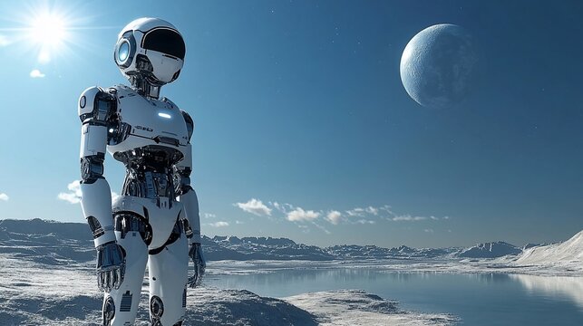 Robot exploring icy alien planet landscape.