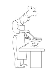 Сhef cooks food in pan in kitchen. Vector black outline image.
