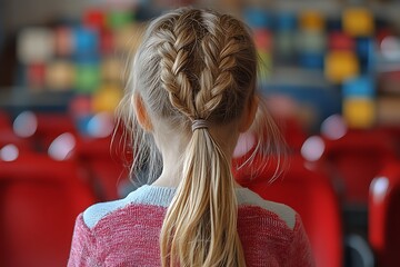 Obraz premium A girl with pigtails designing a colorful wooden block mosaic on a white surface 