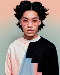 Obraz premium Stylized Portrait of a Young Man in Pastel Tones with Retro Glasses for Editorial and Creative Use