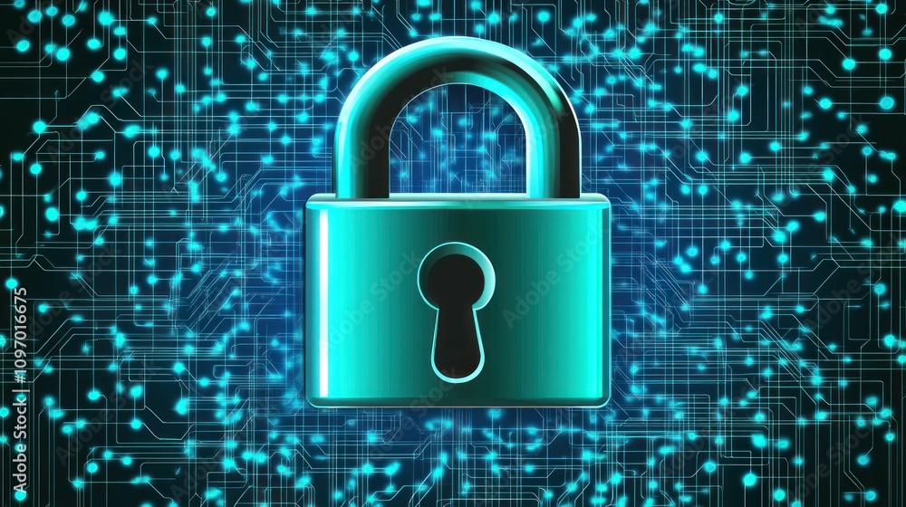 Poster a digital padlock symbolizing cybersecurity and data protection amidst a network backdrop.