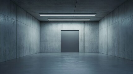 Concrete Room With A Single Closed Door And Fluorescent Lights