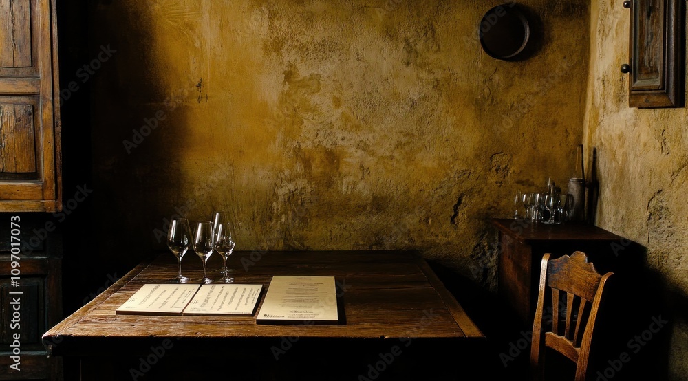 Poster a rustic dining table set with glasses and menus against a textured wall.