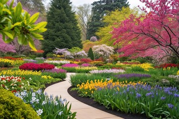 Obraz premium Stunning Botanical Garden in Springtime Featuring Colorful Flowers and Peaceful Atmosphere