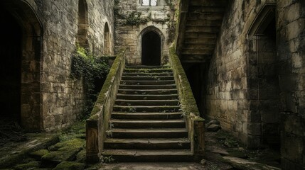 old, weathered stone staircase in a medieval castle, surrounded by moss and ivy, with an eerie