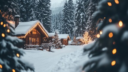 Naklejka premium Snowy Winter Cabins Illuminated With Festive Lights