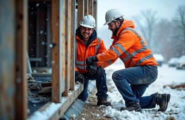 Two construction workers wear hard hats orange jackets. They work outside in winter snow. Men check building frame. Teamwork on house construction site. Cold weather building project.
