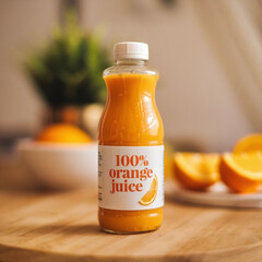 a glass bottle with fresh orange juice and a slice of orange