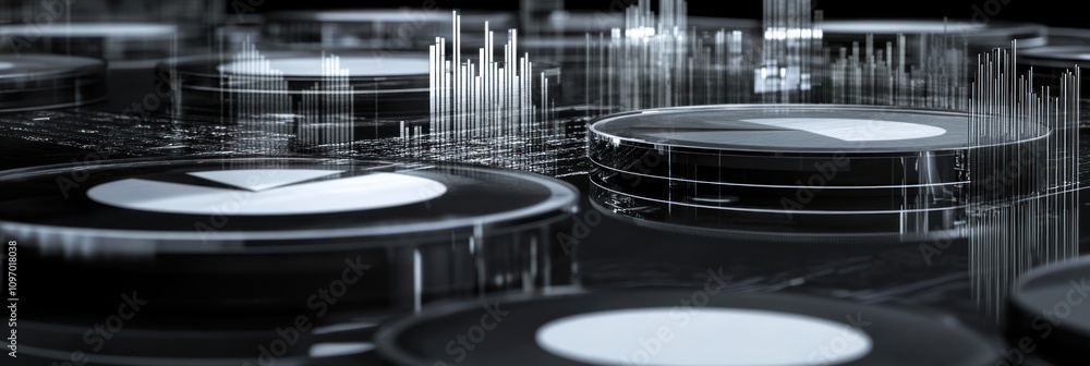 Poster Abstract visualization of data with circular elements and graphical representations.