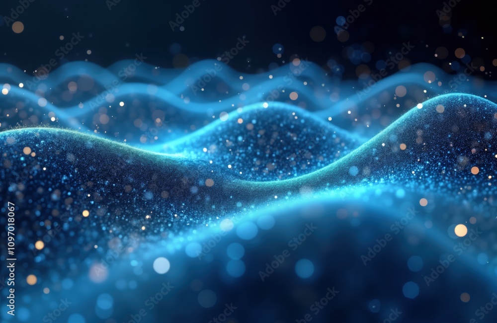 Aufkleber Blue particles flow creating calming wave patterns. Abstract digital art perfect for tech backgrounds. Futuristic modern design. Vibrant smooth texture. Ideal wallpaper. Serene tranquil scene. Dreamy