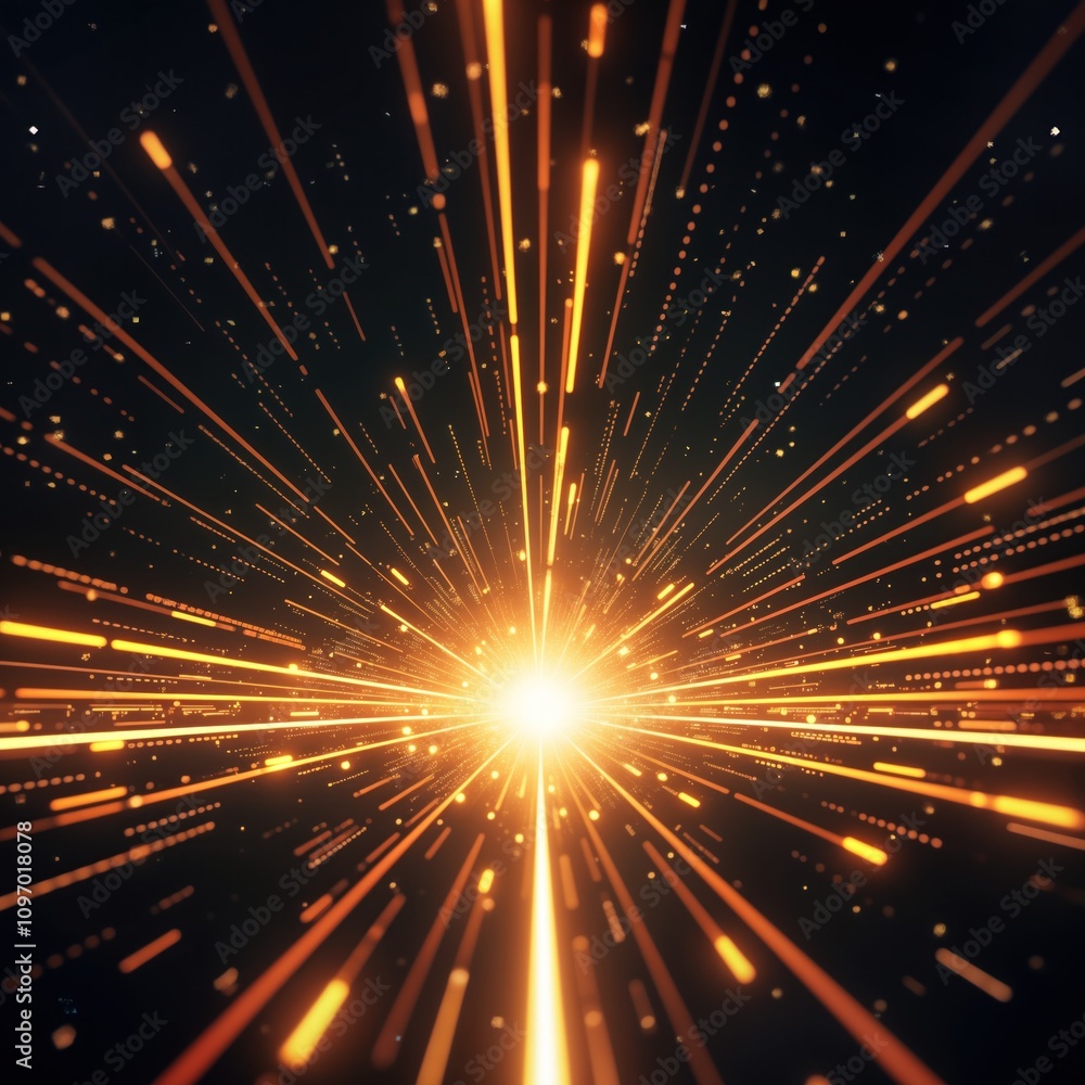 Aufkleber Abstract glowing lines radiate outwards creating vortex effect. Bright light bursts from center. Futuristic dynamic space tunnel. Golden energy swirls. Modern art design. Perfect for tech backgrounds