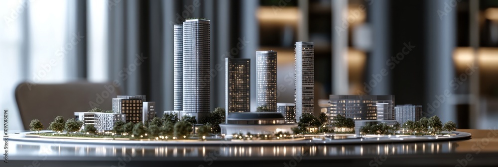 Poster a detailed architectural model of a modern urban development with skyscrapers and green spaces.