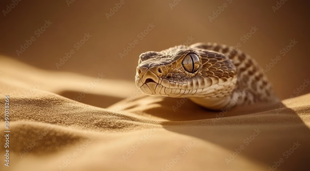 Poster a close-up of a snake blending into sandy terrain, showcasing its natural habitat.
