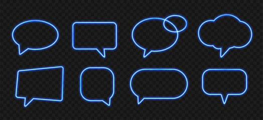 Neon speech bubbles. Bright light frames for quotes and text. Neon blue light speech bubble promotion banner, glowing price tag, luminous discount borders. Vector set. © Frogella.stock
