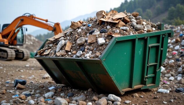 Green dumpster full of rocks and debris. Excavator in background. Construction site waste disposal. Recycling rubbish removal. Earthworks project. Demolition debris.