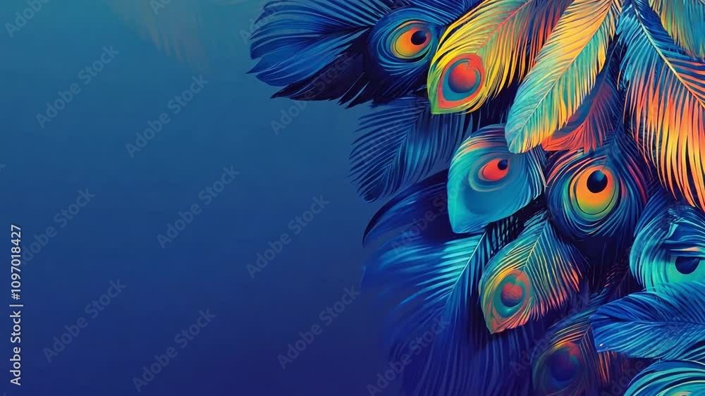 Poster vibrant peacock feathers creating a colorful display against a deep blue background at twilight in n