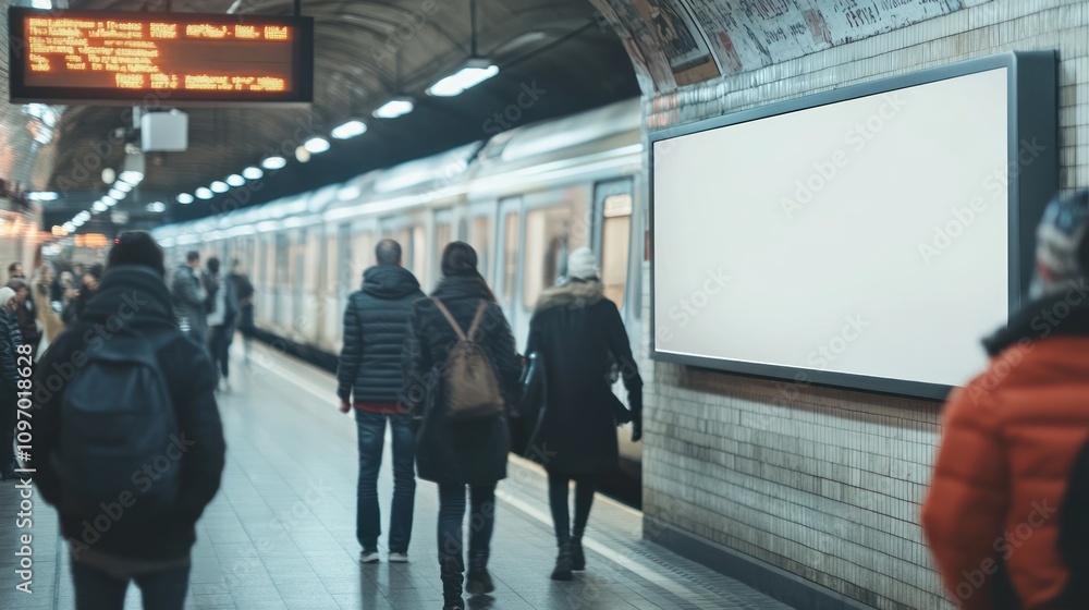Poster a subway station scene with passengers waiting for a train, featuring an empty advertisement space.