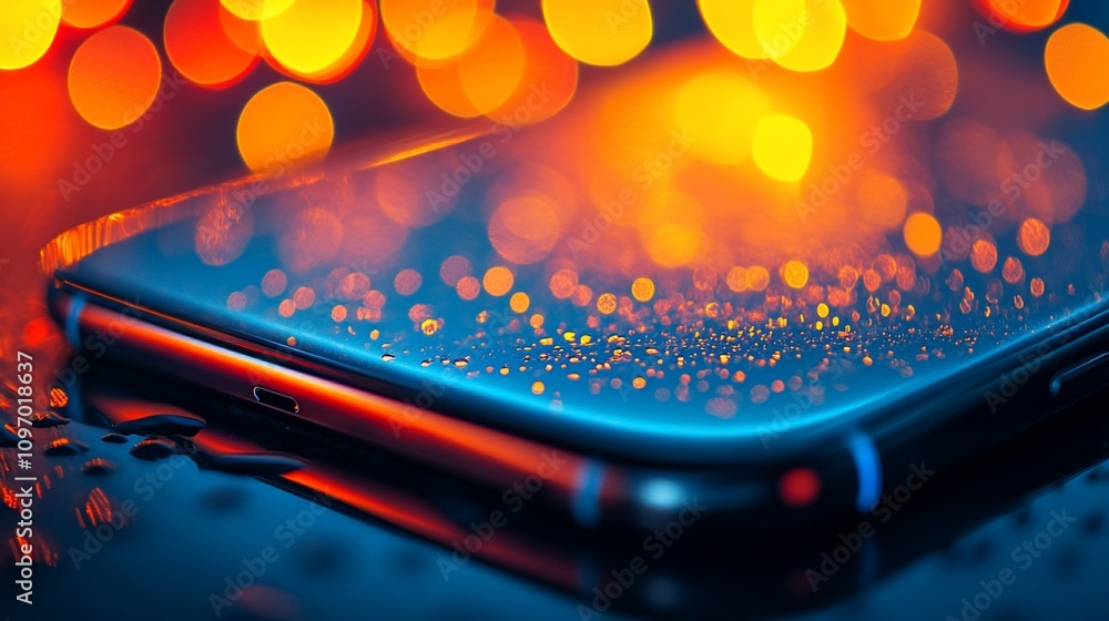 Poster wet smartphone reflecting colorful bokeh lights.