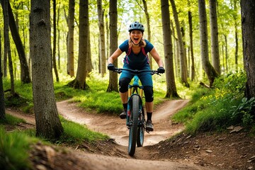 Fototapeta premium Adventurous Woman Tackling Summer Mountain Bike Trails in Vibrant Forests
