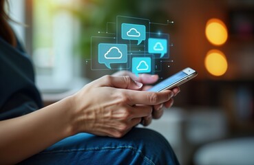 Woman uses smartphone. Hands hold mobile phone. Cloud computing icons appear. Person chats online. Social media messaging app. Digital communication. Home office. Mobile tech.