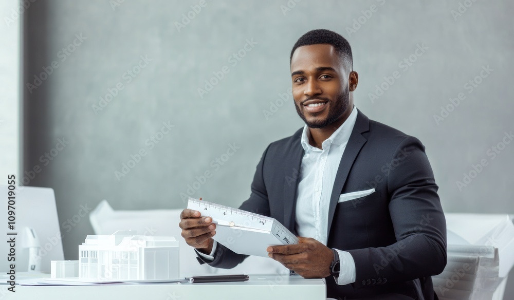 Aufkleber a professional man in a suit holds a model, suggesting a business or architectural context.