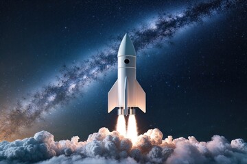 Obraz premium 3D Rocket Launching into Space Representing Ambitious Startup Goals