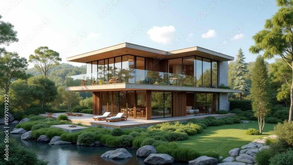 Poster the image is a 3d rendering of a modern two-story house with a unique design. the house is located o
