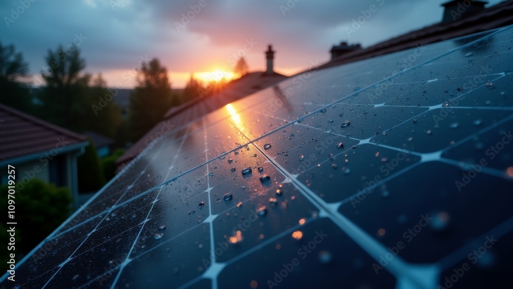 Poster the image shows a close-up of a solar panel on the roof of a house. the solar panels are arranged in