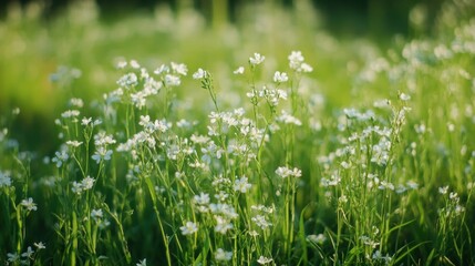 Obraz premium Delicate White Flowers Blooming In Lush Green Field